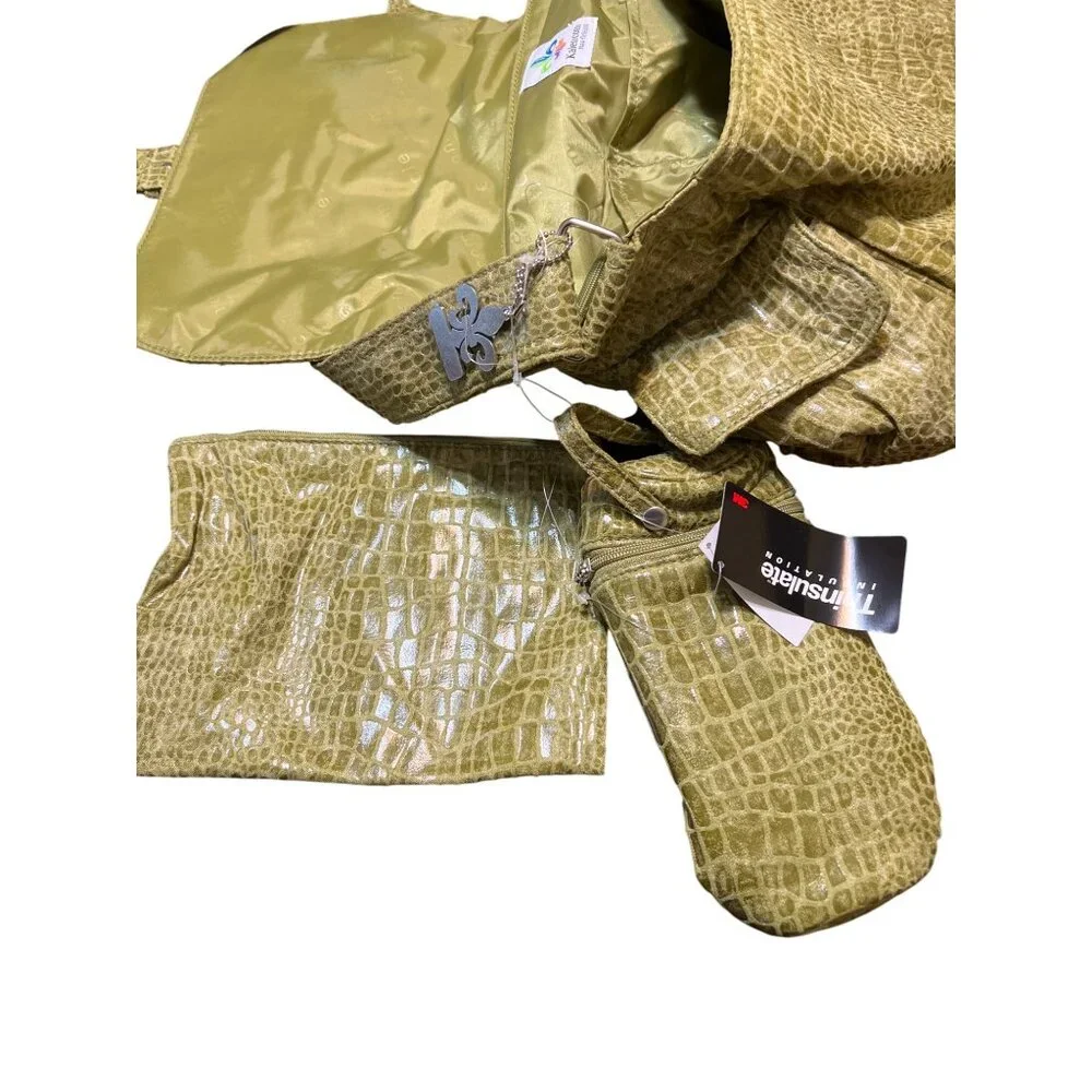 Kalencom Green Crocodile Pattern Diaper Bag Bottle Holder Wet Bag Adj Strap NWT